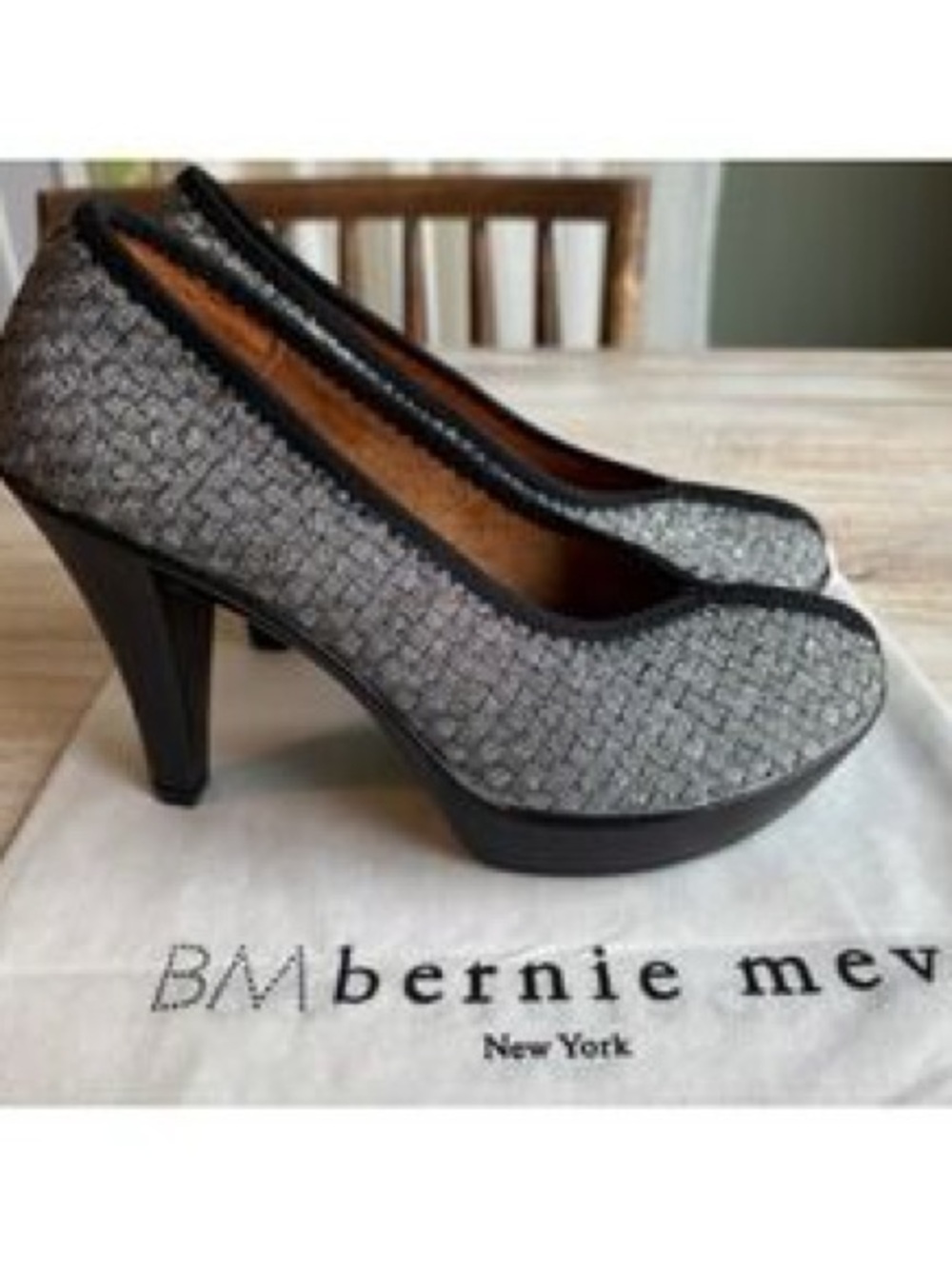 BERNIE MEV Womens Heels Legend Silver  Metallic Woven Platform Heels New In Box!